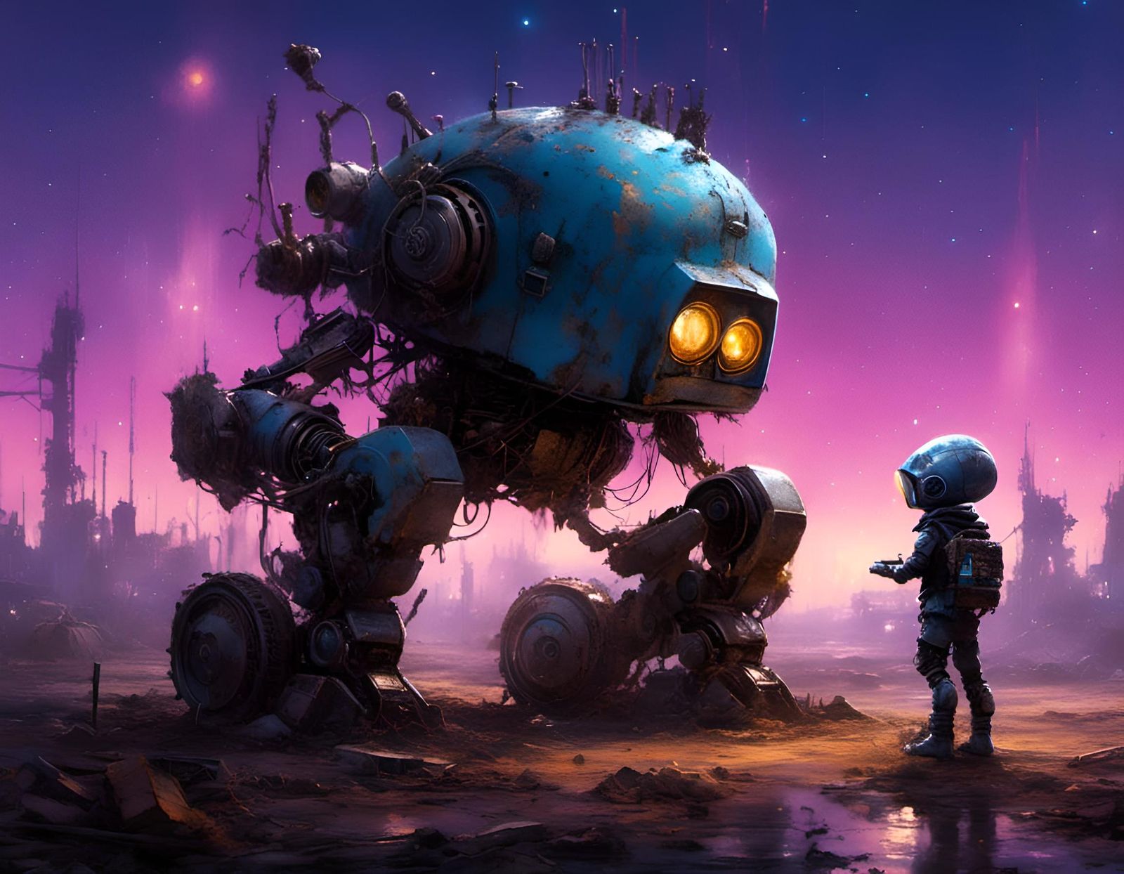 Chibi Alien Finds Robot in Post-Apocalyptic Wasteland