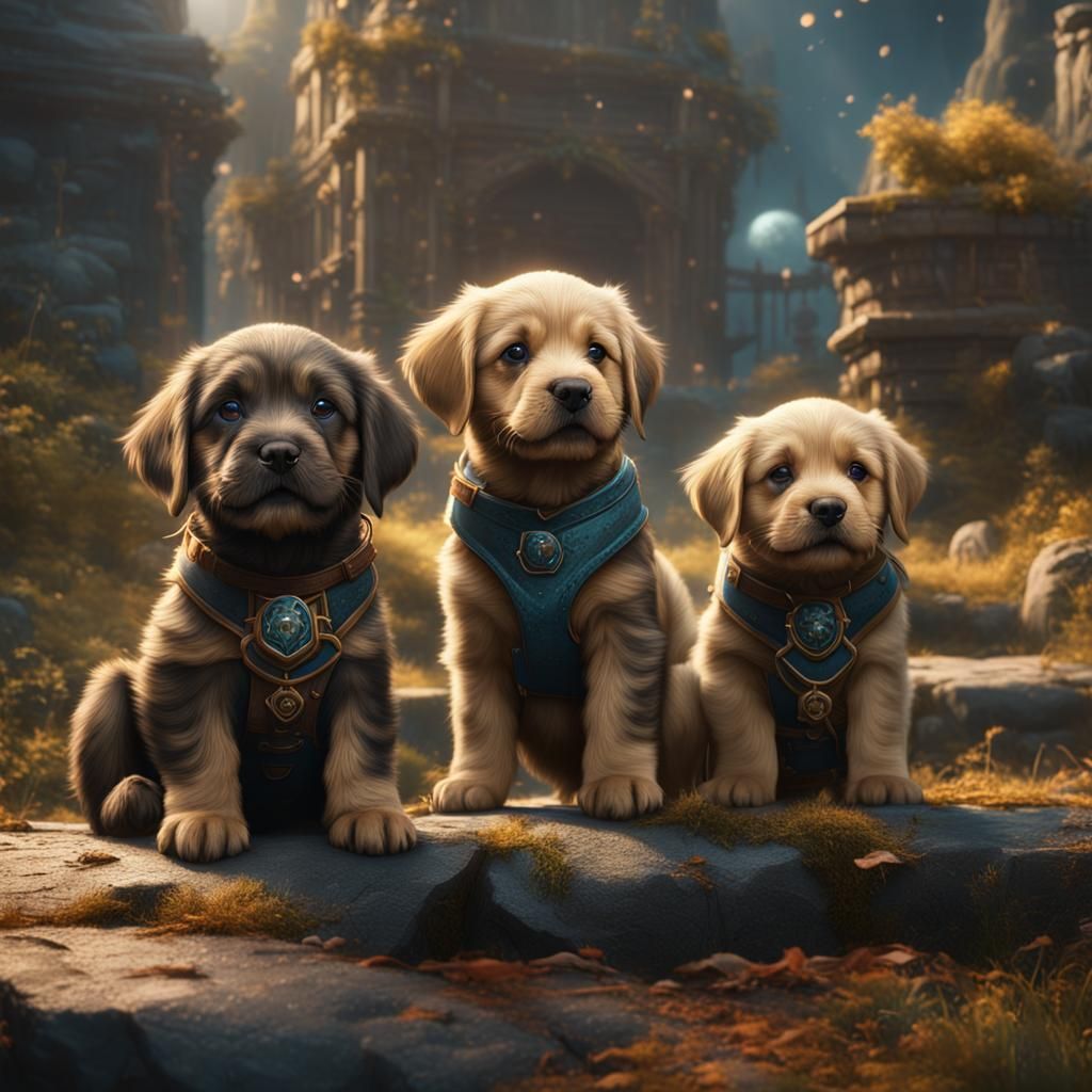 Cute Puppies in Detailed Fantasy Art Style