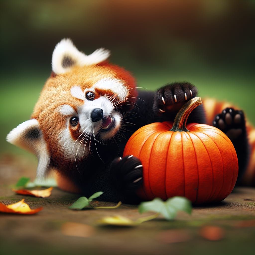 Playful Red Panda with Pumpkin in Natural Light