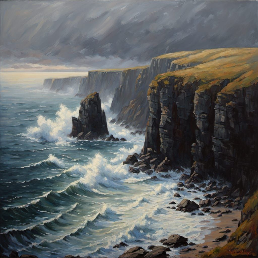 Moody Seascape Oil Painting with Crashing Waves