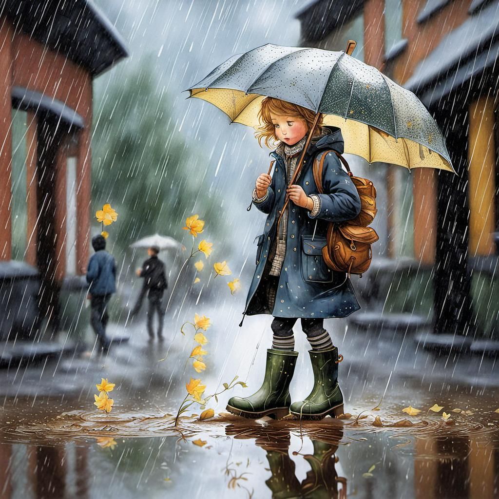 Child in Boots Plays in Rainy Puddle