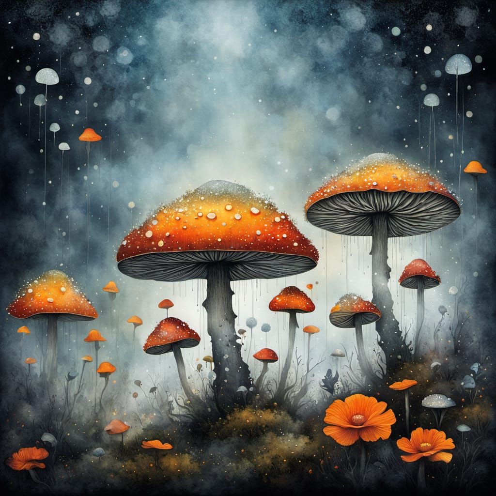 Mysterious Mushroom Hat with Flowers in Watercolor Style