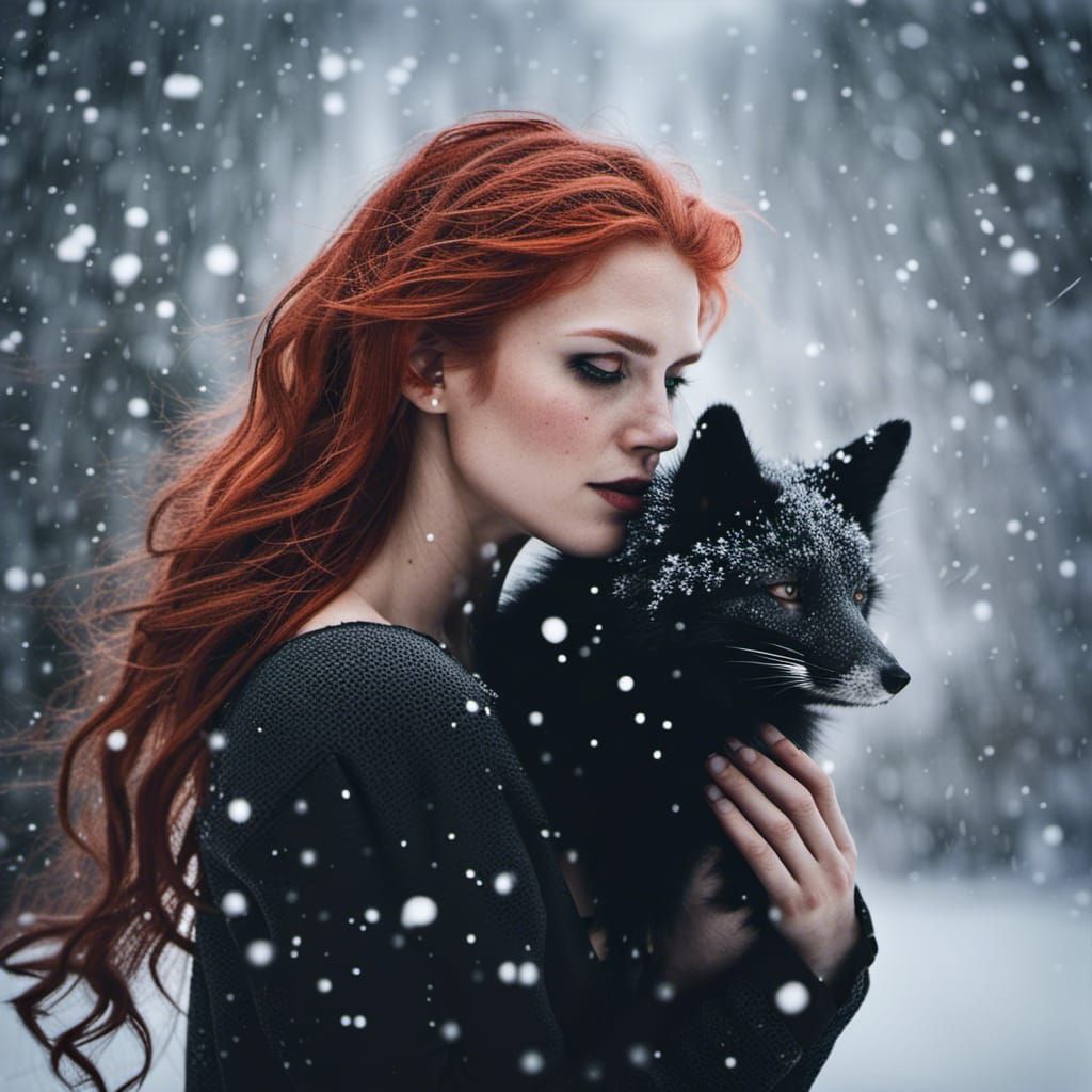 Model with Fox in Snowy Winter Landscape
