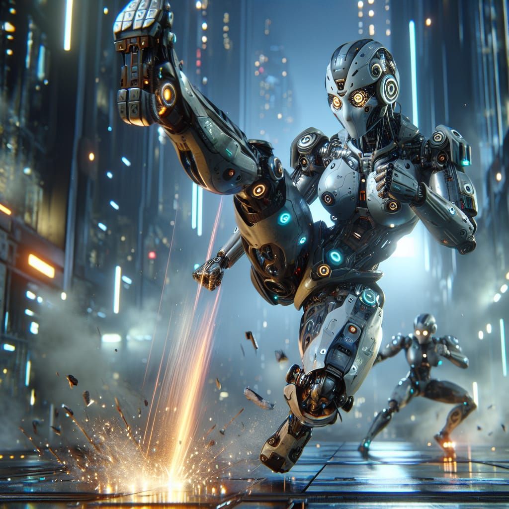 Futuristic Cyborg Warrior Delivers Powerful Kick in Dystopia...