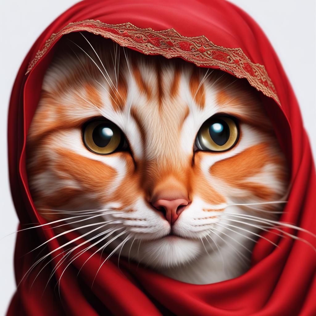 Cute Cat with Red Hijab Photorealistic Image