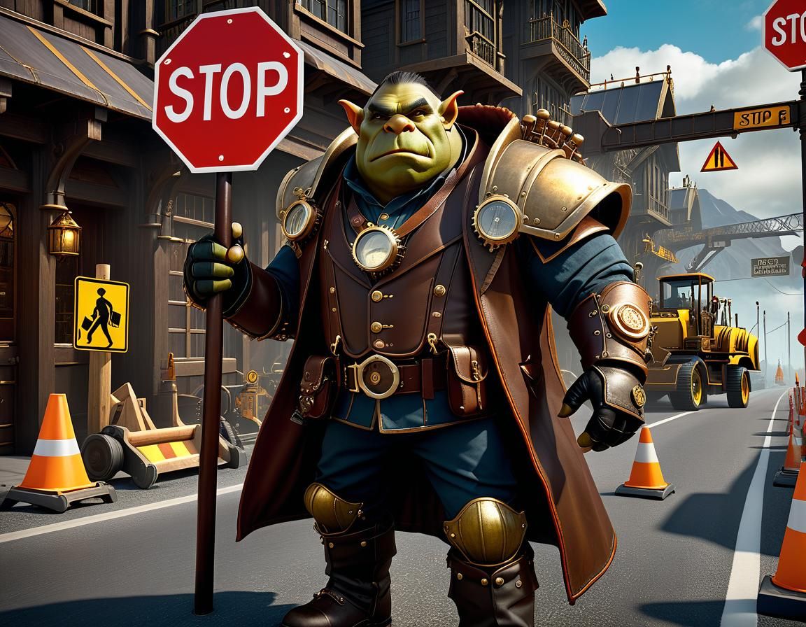 Steampunk Orc Crossing Guard in Road Construction