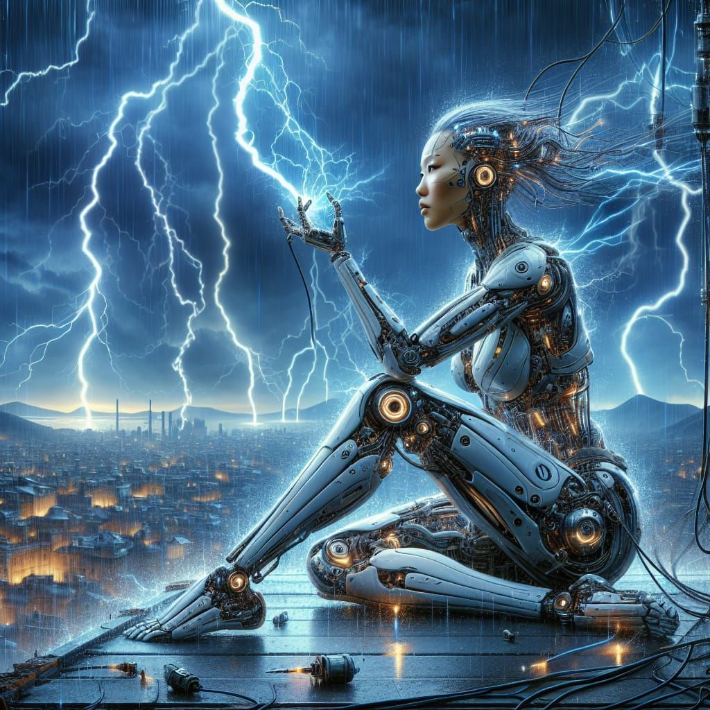 Cyborg Charges in Electric Storm, Cyberpunk Style