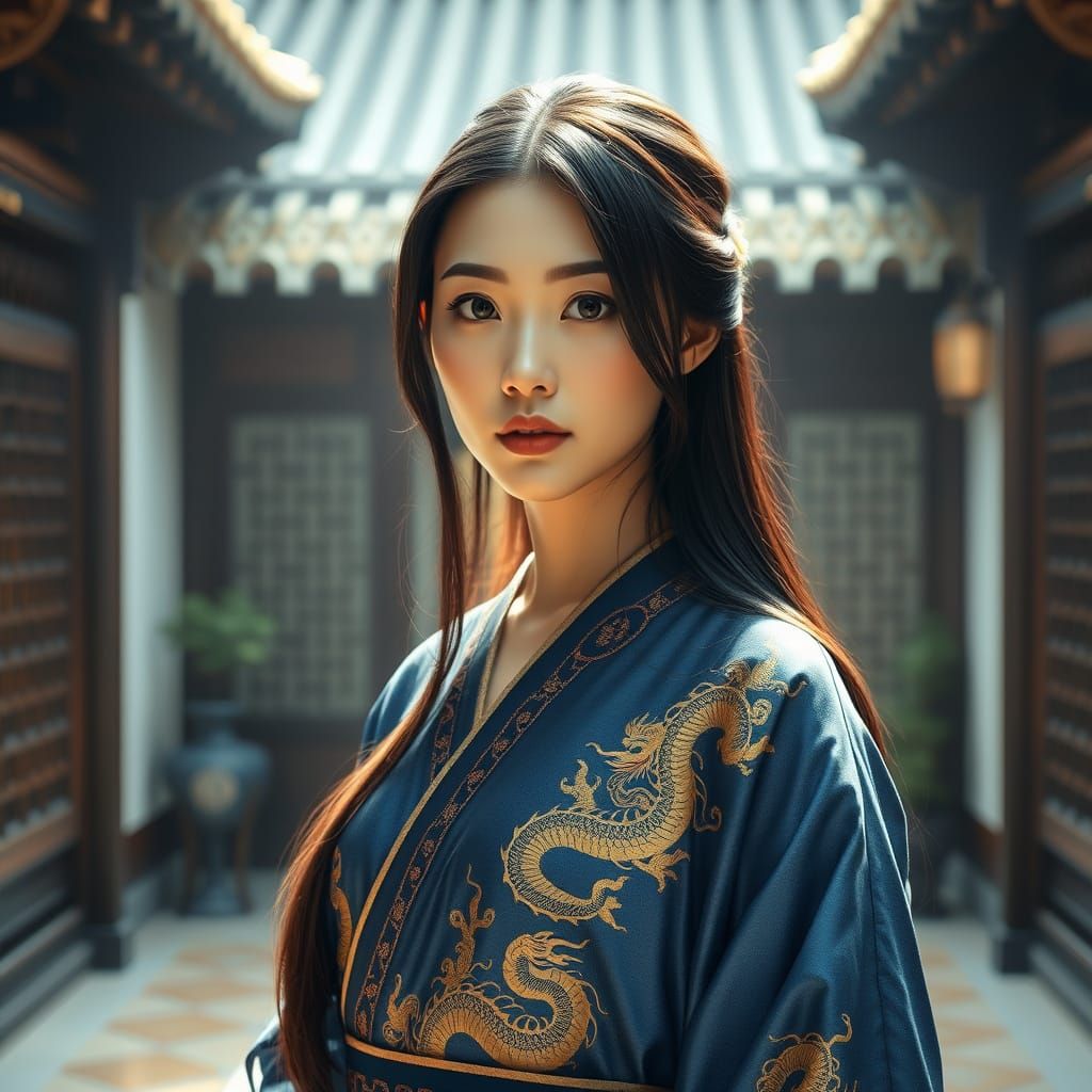 Elegant Woman in Traditional Blue Hanfu Robe with Golden Dra...