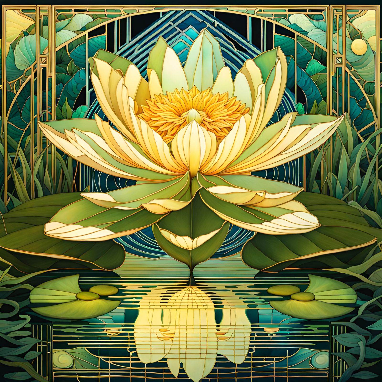 Mucha-Style Waterlily in Luminous Underwater Greenhouse