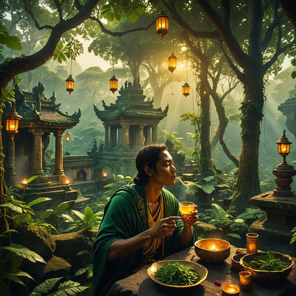 Moringa Drinker in Lush Jungle Temple, Matte Painting