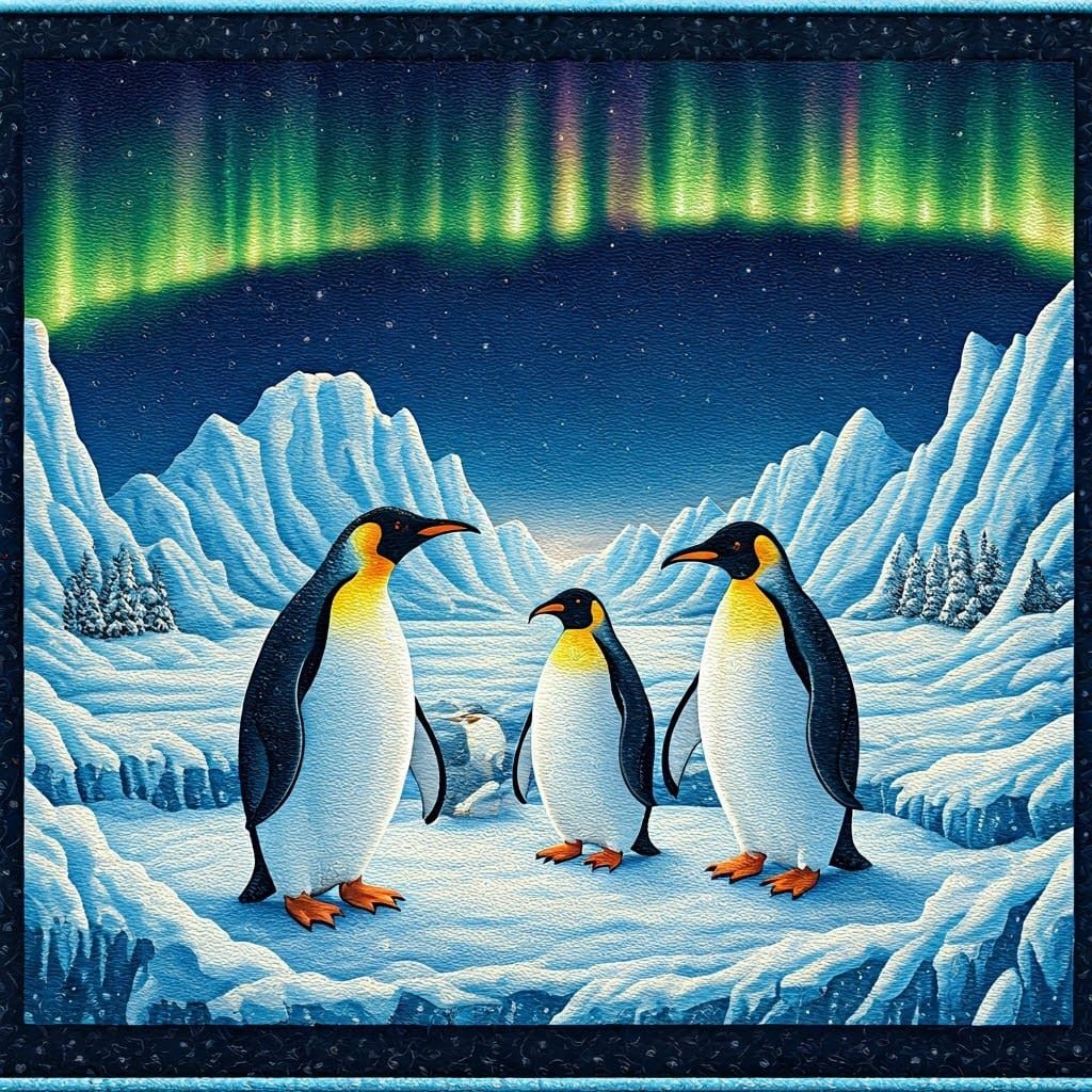 Vibrant Patchwork Penguins in a Quilted Winter Wonderland