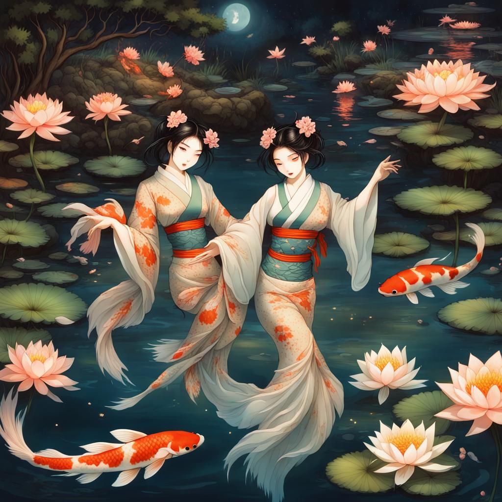 Fairies Dance with Koi Fish in Lotus Pond