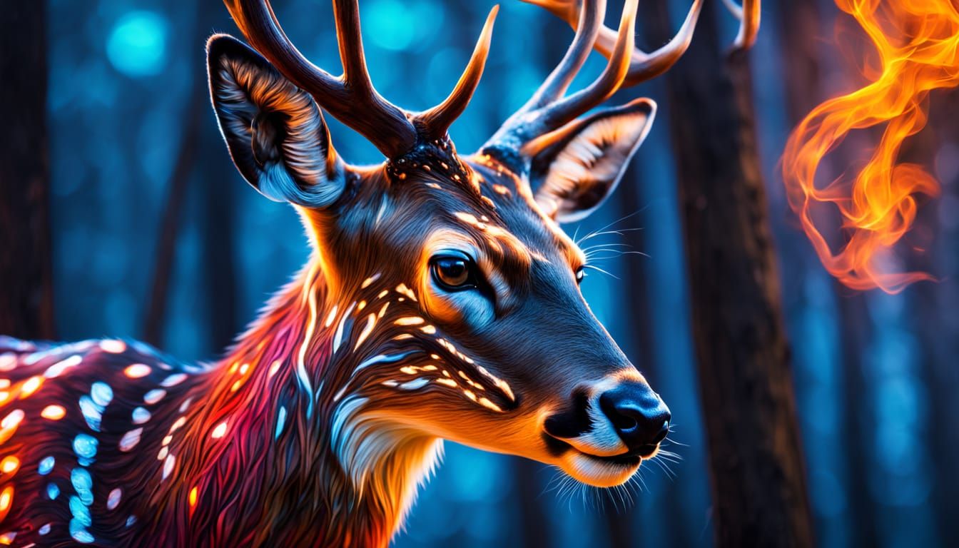 Vibrant Deer Portrait with Glowing Fire Tattoos in Hyper-Rea...