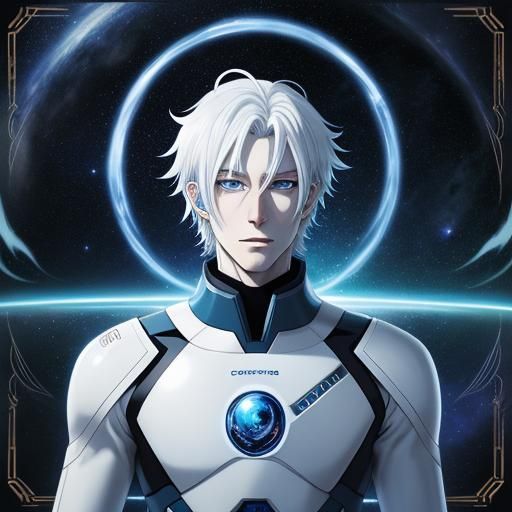 Anime Space Boy with White Hair and Blue Eyes