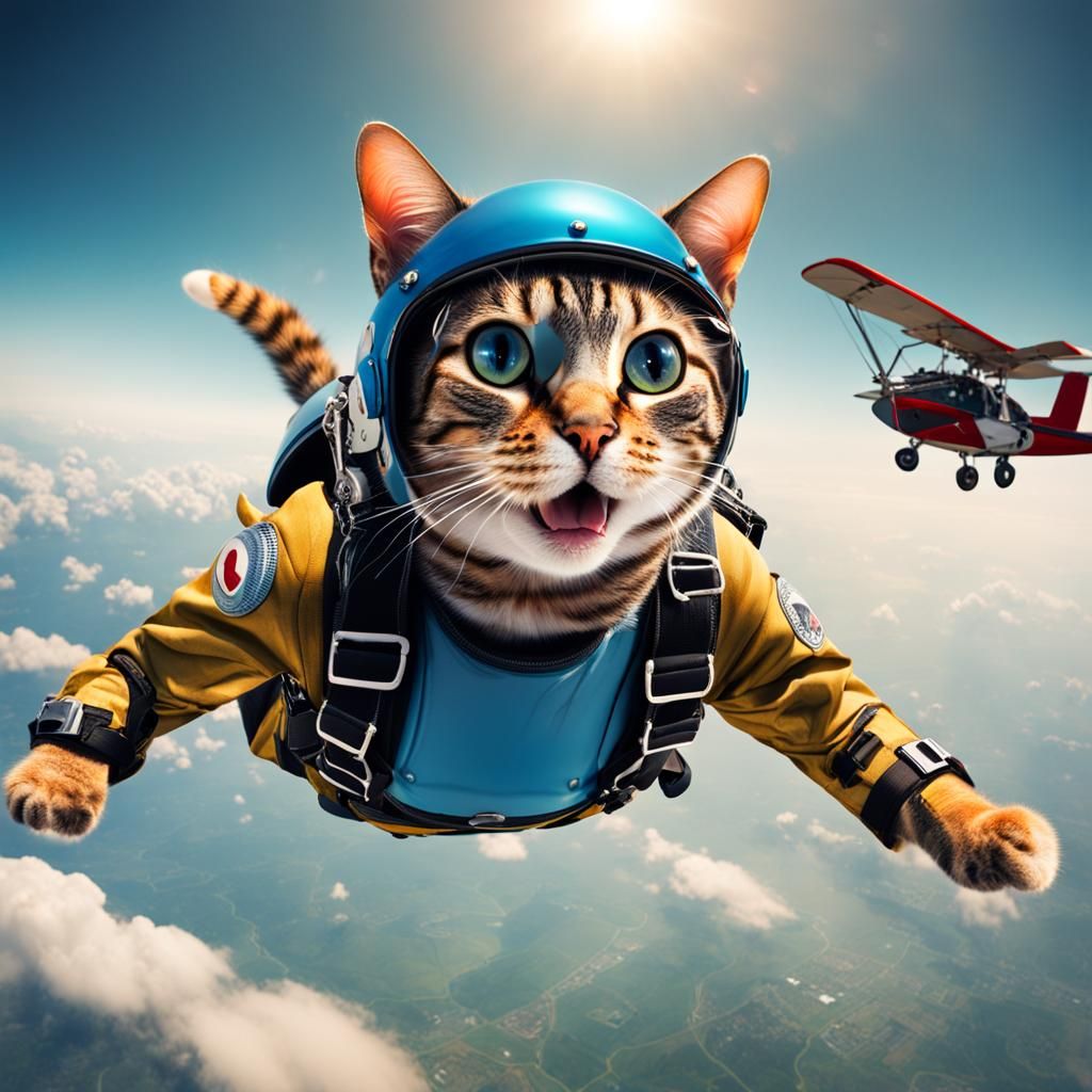 Hyperrealistic Skydiving Cat with Parachute and Helmet