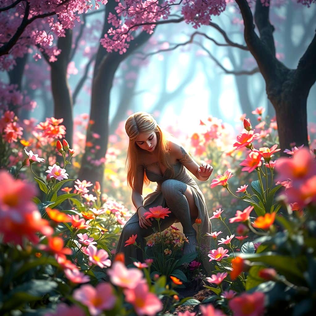 Earth Fae Tending to Blossoming Flowers in Vibrant Fantasy F...