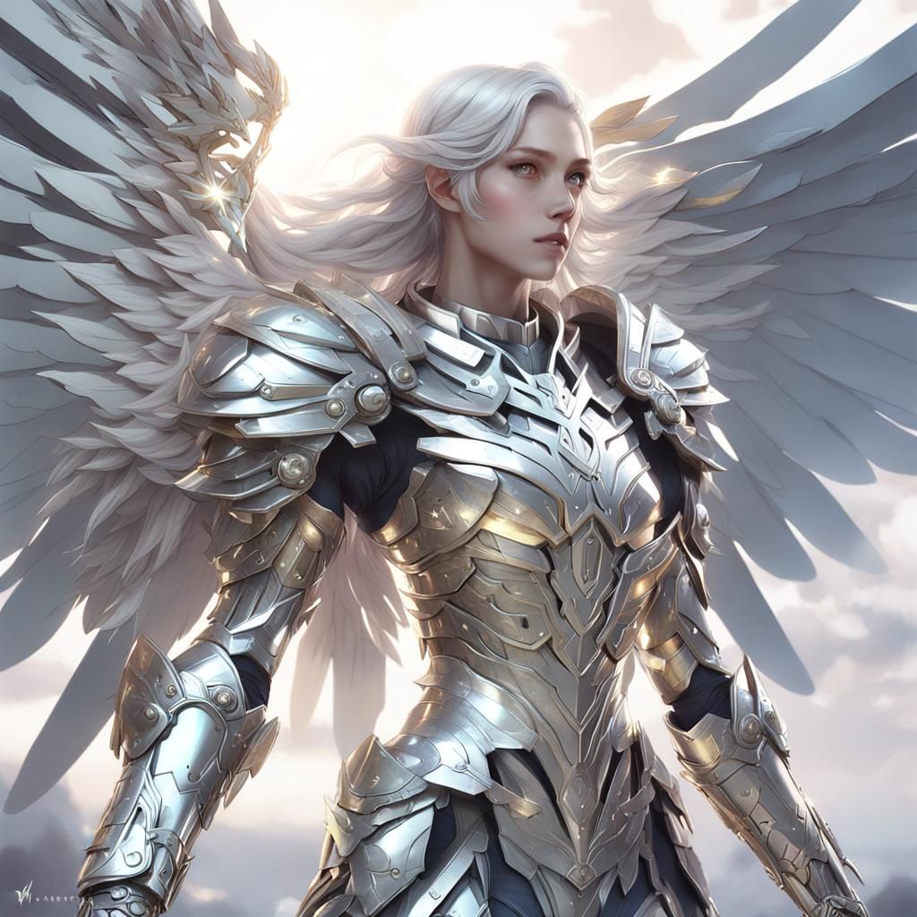 Anime Angel Woman in Shining Platinum Armor