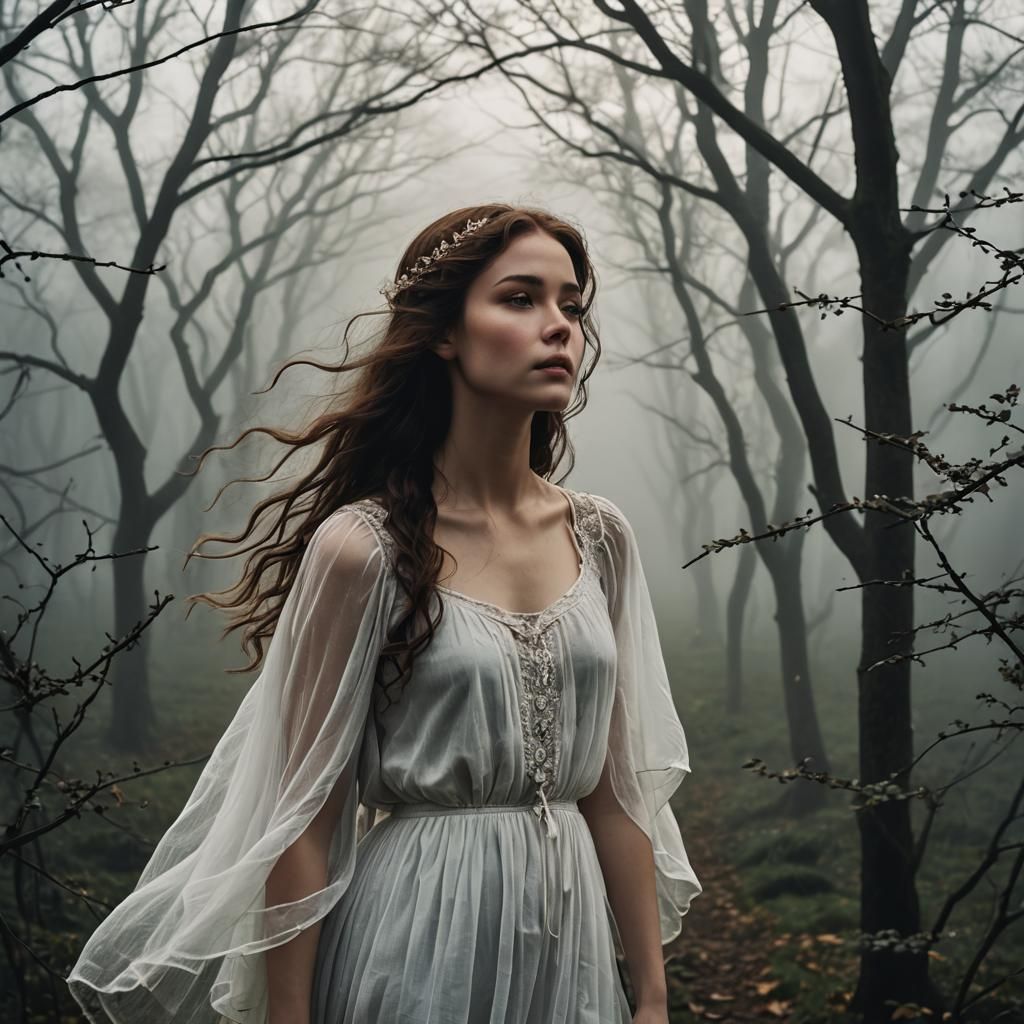 Ethereal Angel in Fog, Dreamlike Vision