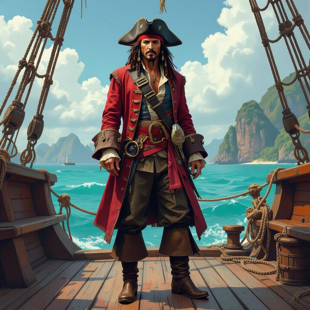 Jack Sparrow on Ship Deck with Caribbean Islands