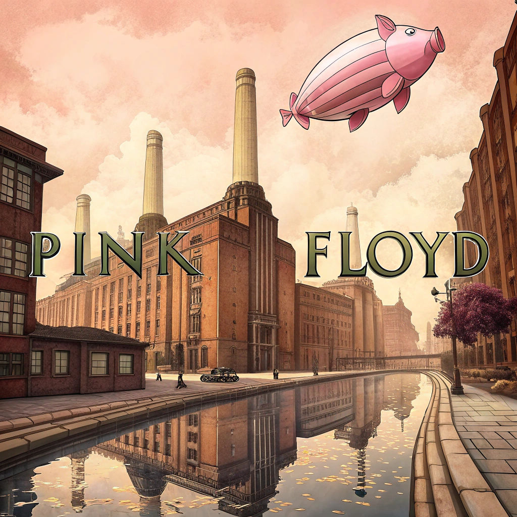 Old Town Street Scene with Pink Floyd Pig