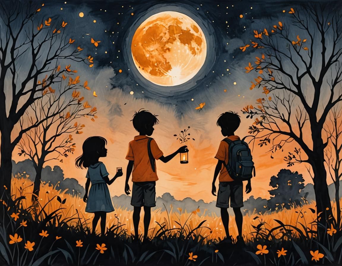 Silhouette: Children Catching Fireflies Under Harvest Moon