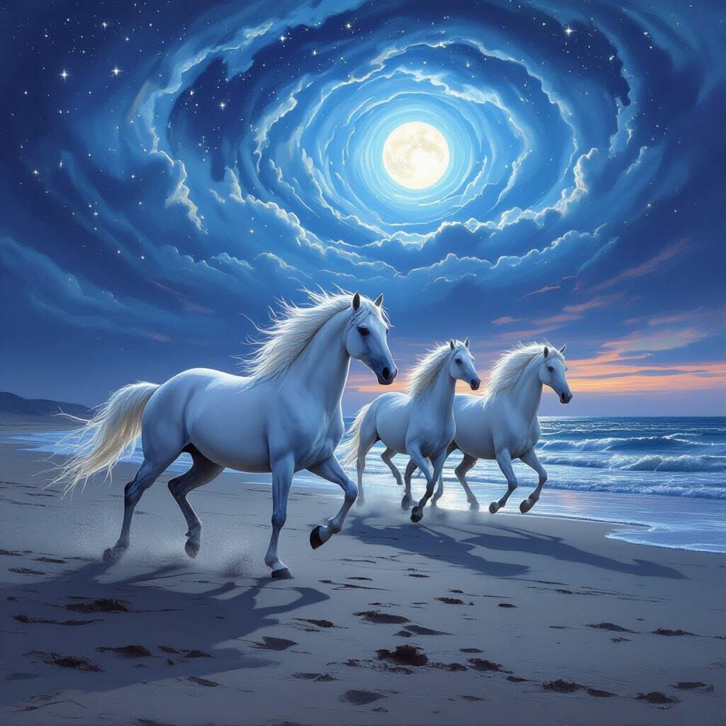 Ethereal White Horses Galloping on a Twilight Beach