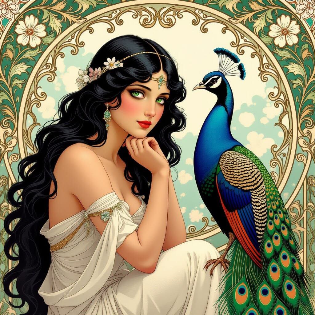 Art Nouveau Aphrodite Contemplating with Peacock