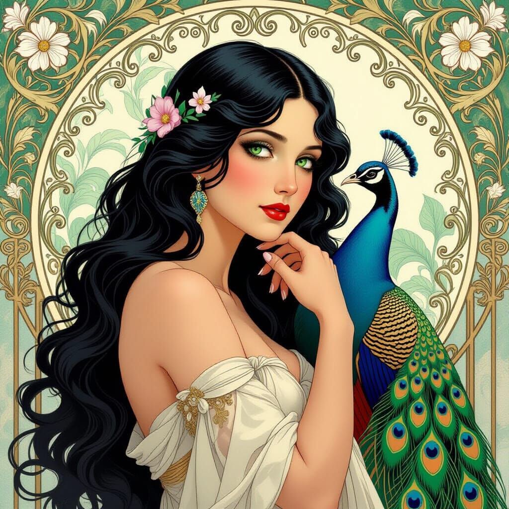Aphrodite Contemplating a Peacock in Art Nouveau Style