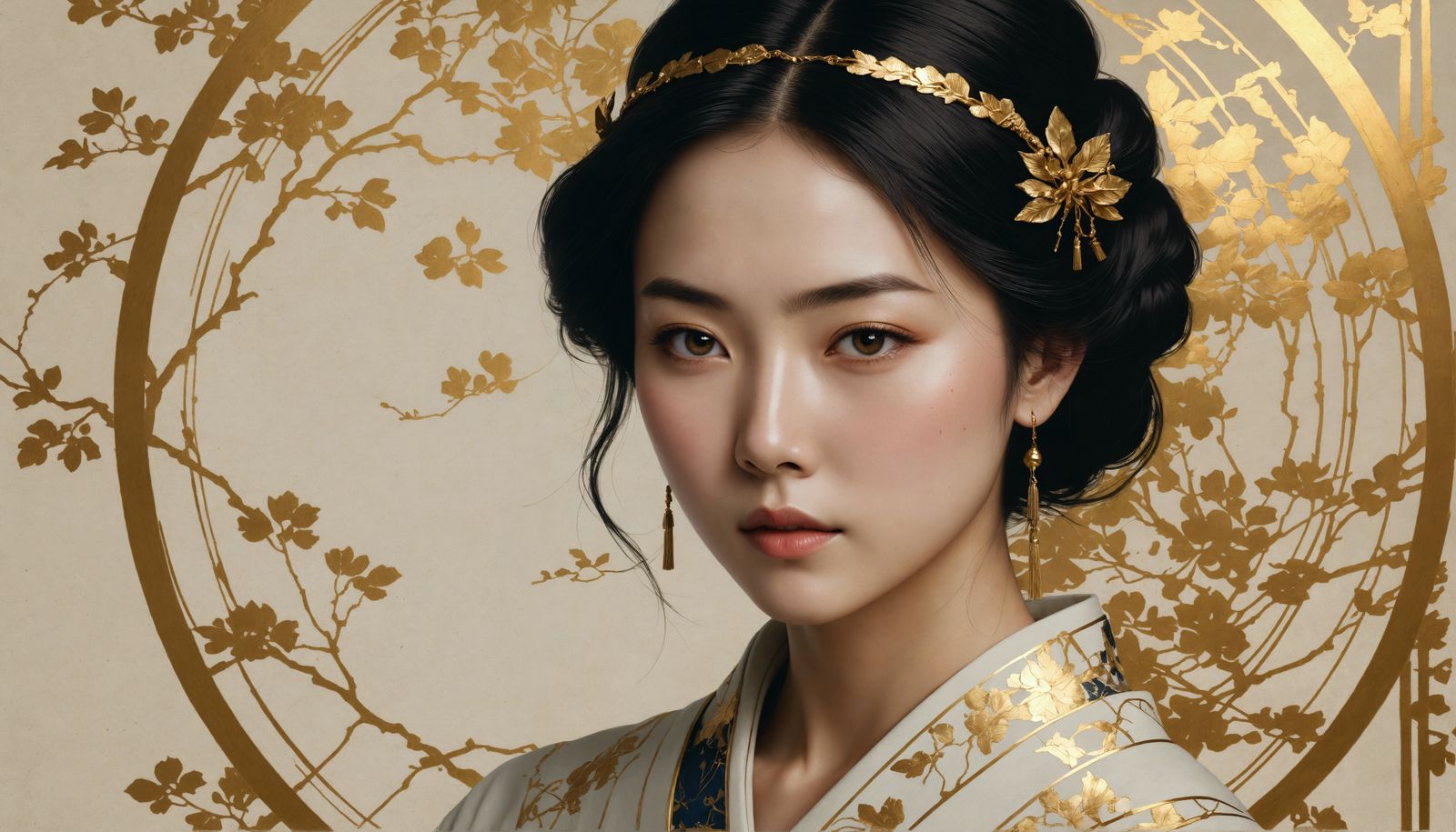 Kintsugi Portrait of Serene Woman with Gold