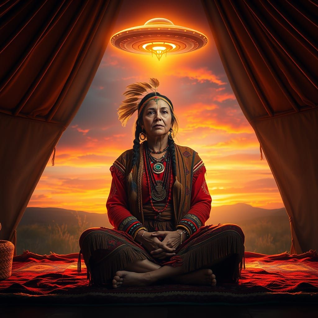 Ethereal Tarot Reader Under Sunset Sky with UFO