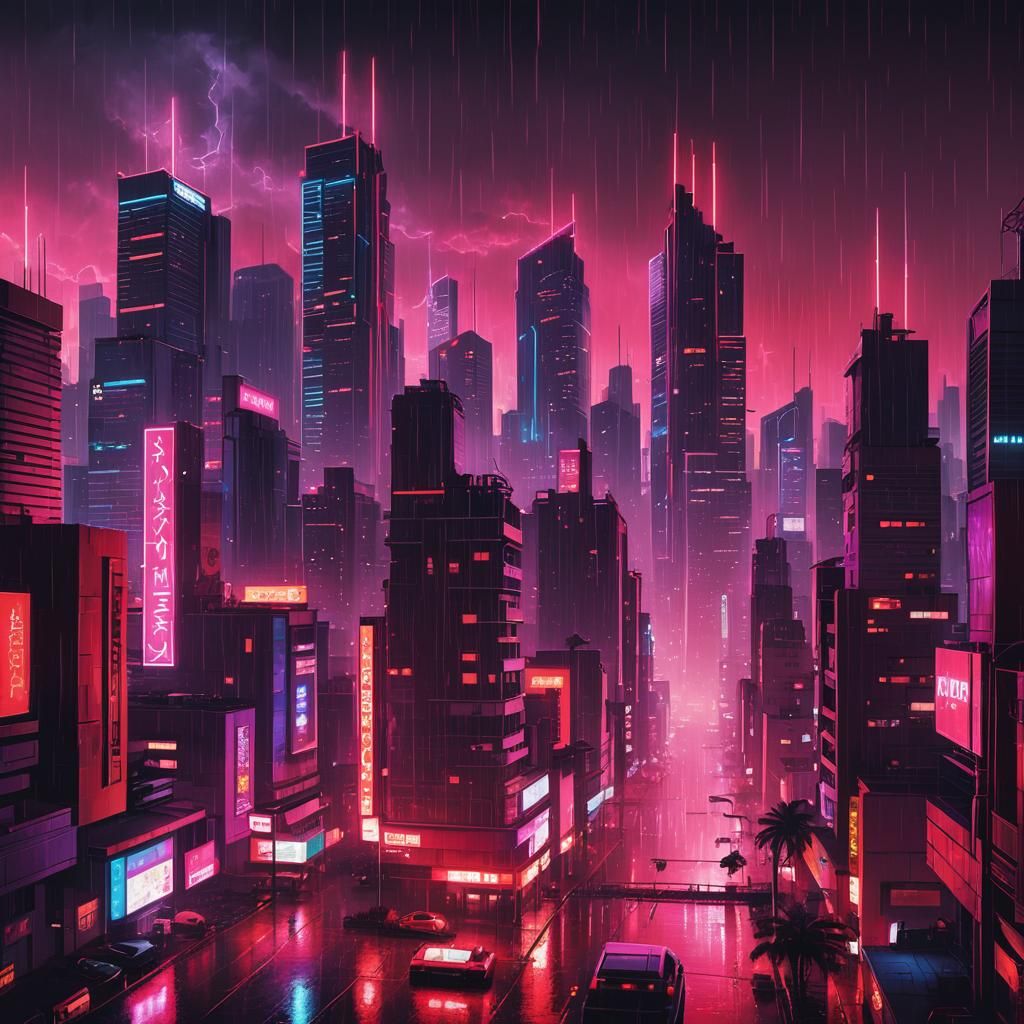 Neon Retro City in Red Rain: Synthwave Style