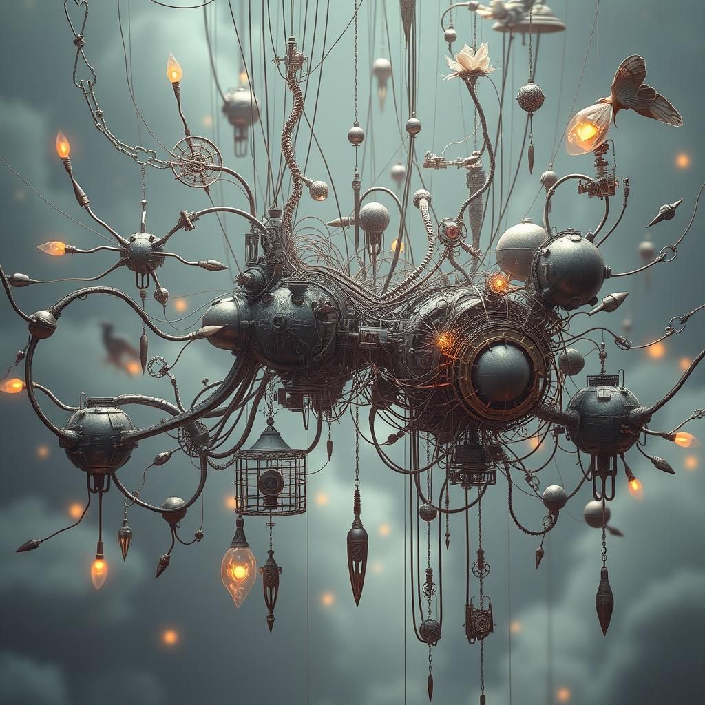 Intricate Mechanical and Organic Forms in Dreamlike Scene