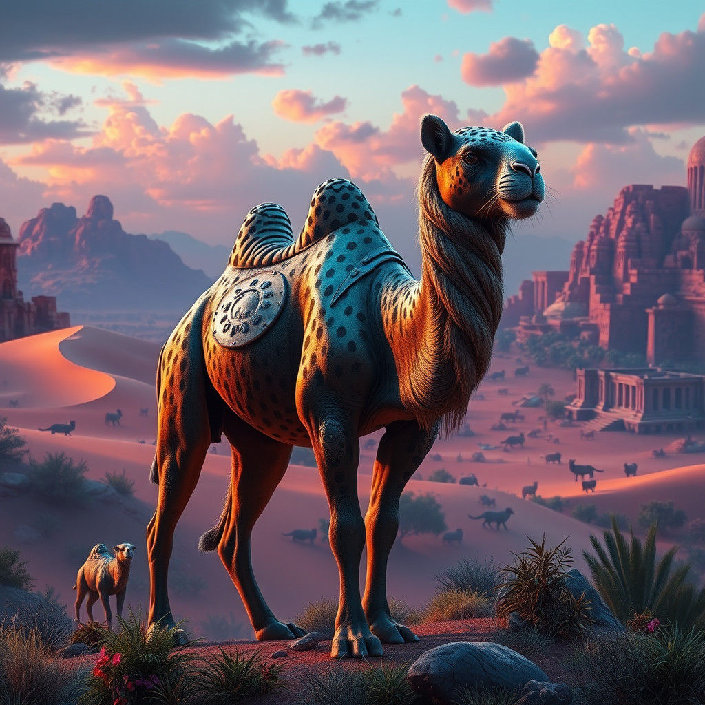 Majestic Jaguar-Camel in a Mystic Oasis