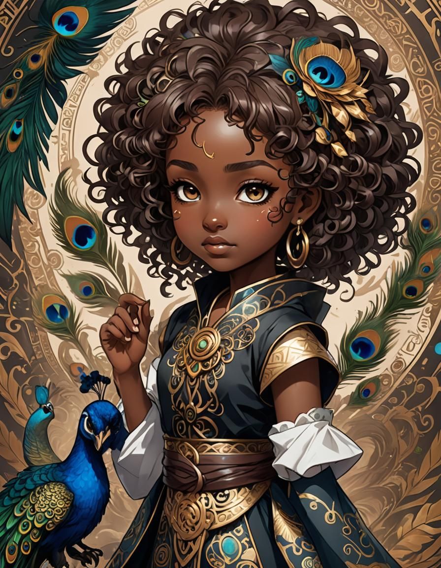 Anime Style Scroll Art: Black Woman with Magic Runes