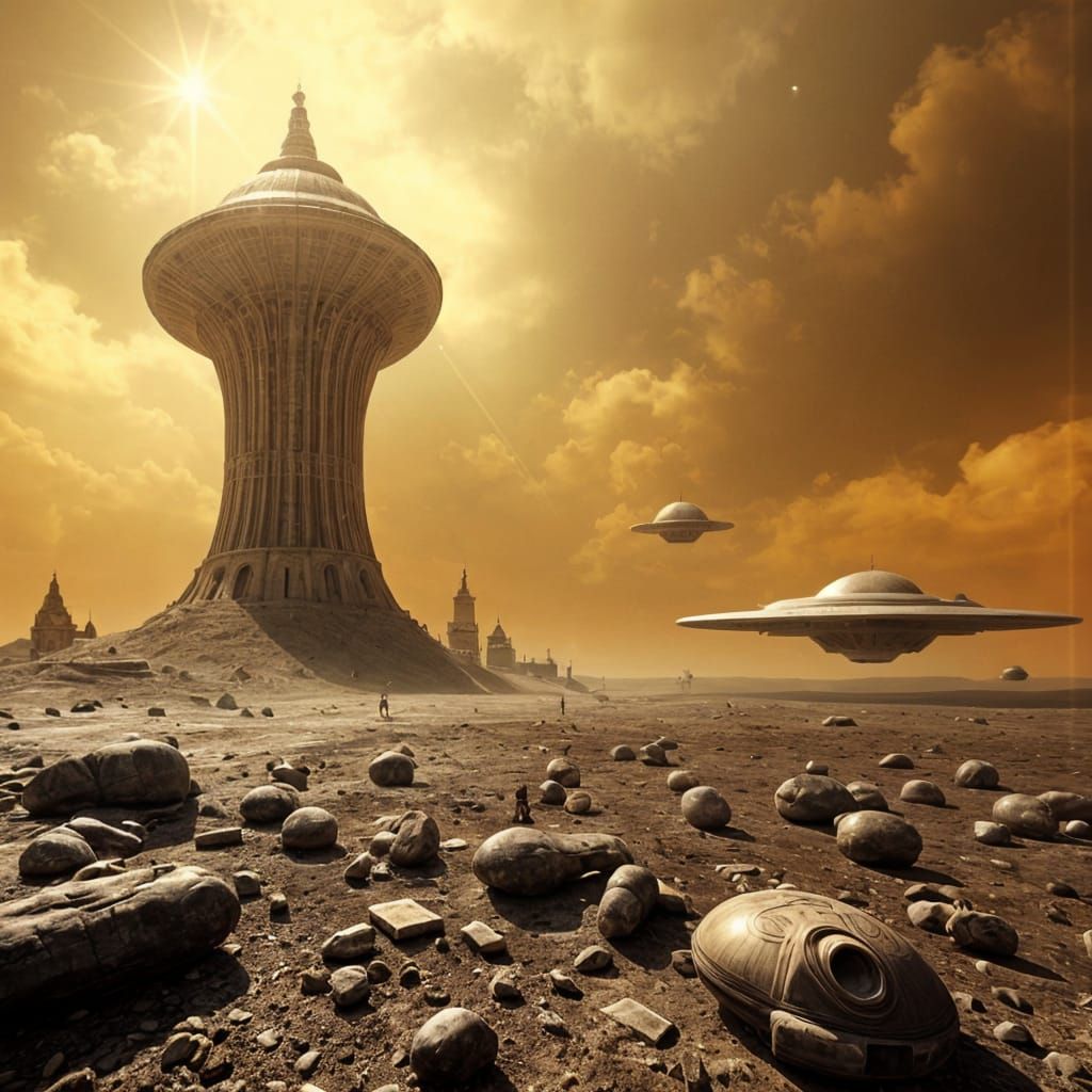 Grigio Alien Planet with Tower and Astronautics