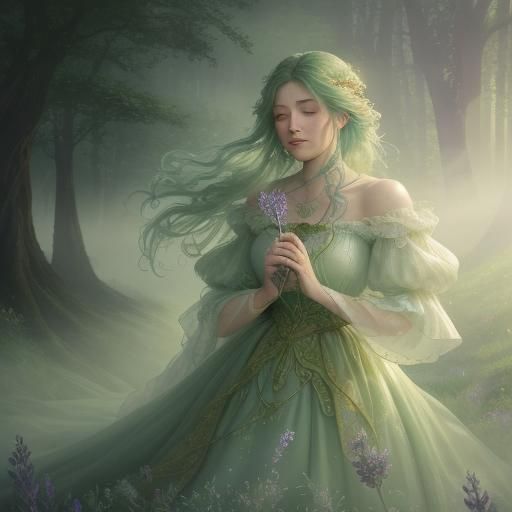 beautiful girl in a flowing and puffy and large green dress