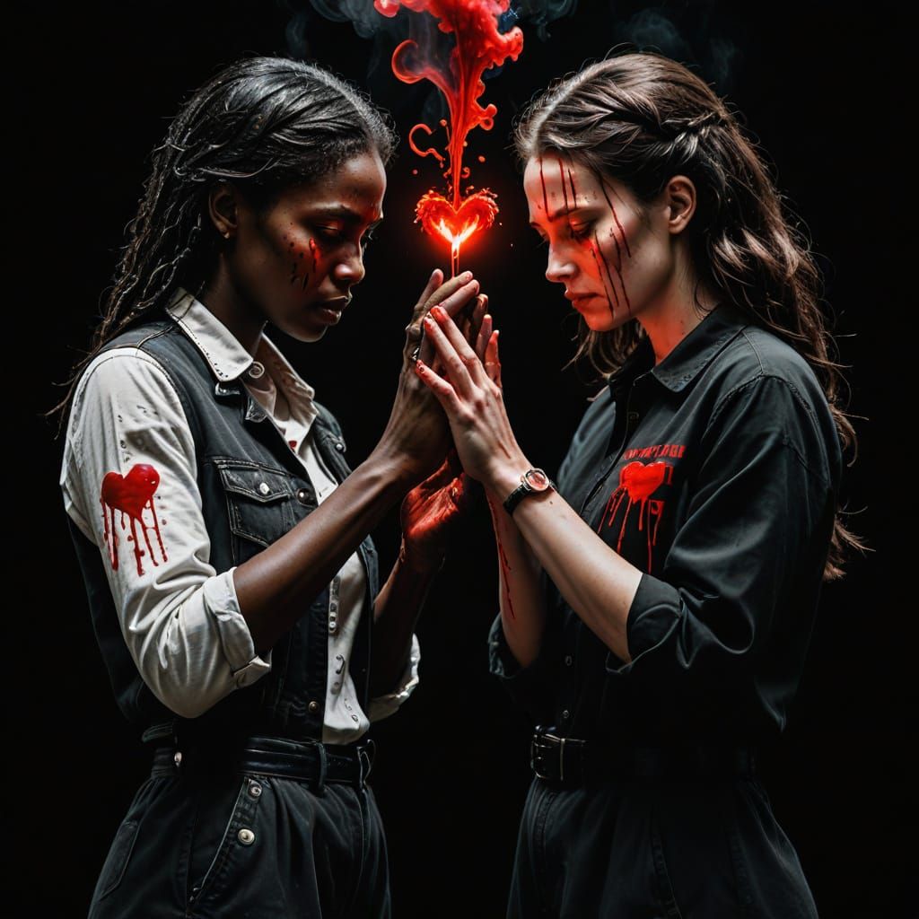 Couple Holds Bloody Hearts Amidst Red Smoke