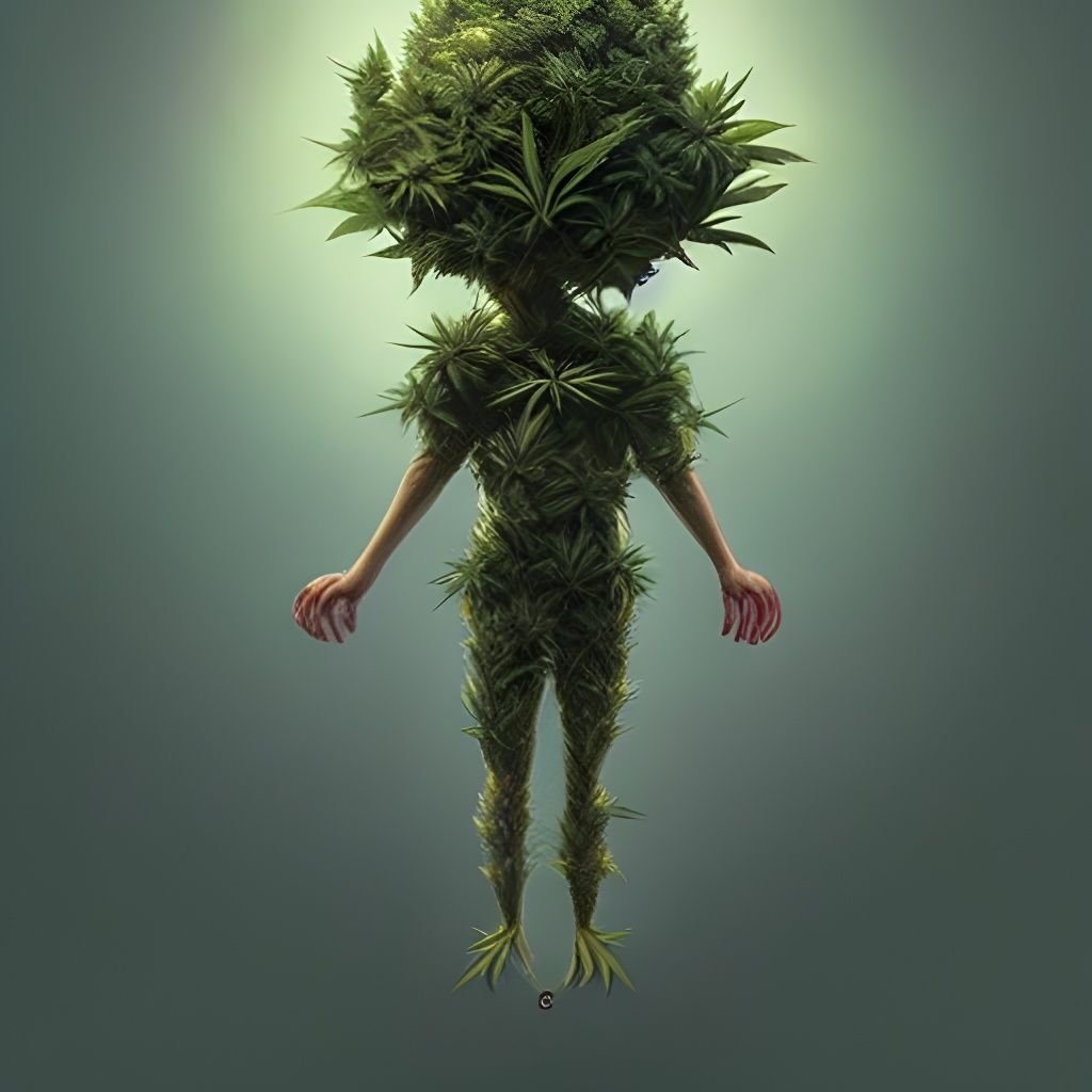 Hemp Creature with Cannabis Bloom Head in Chibi Style