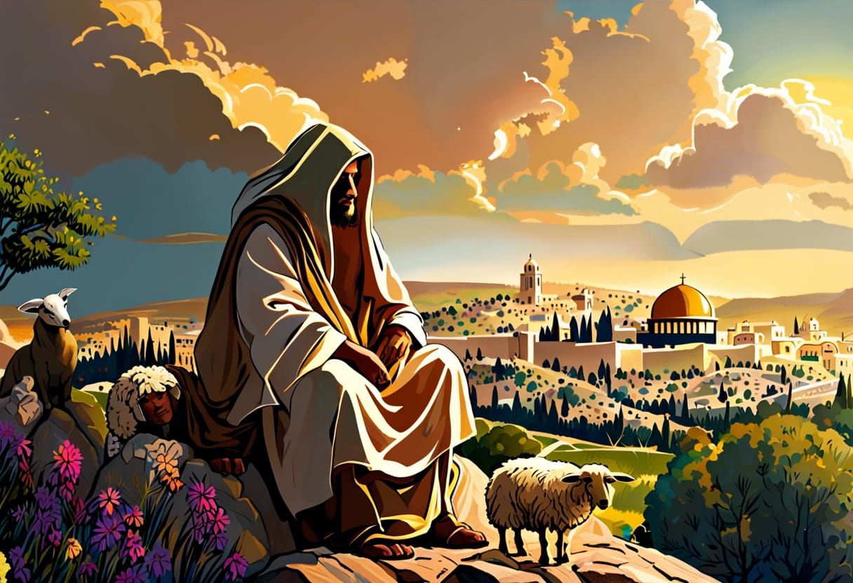 Jesus with a hood on,wearing sandals, standing on a hill overlooking Jerusalem, feeding sheep, trees and rocks and bould...