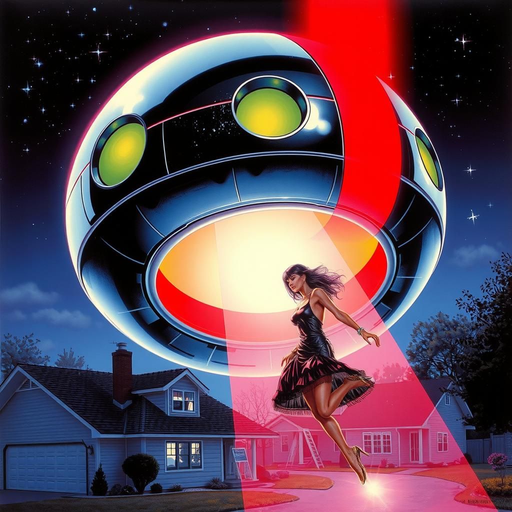 Chrome Smiley Face UFO Abduction in Retro Sci-Fi Style