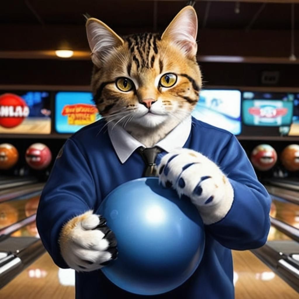 Cartoon Cat Bowler in a Bowling Alley