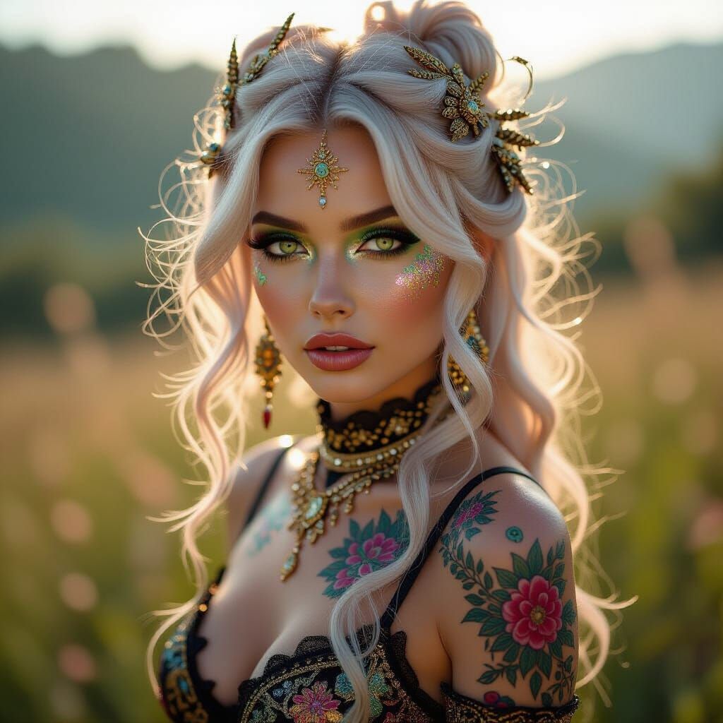 Photo portrait of a Goth goddess made from deep purple nebul...