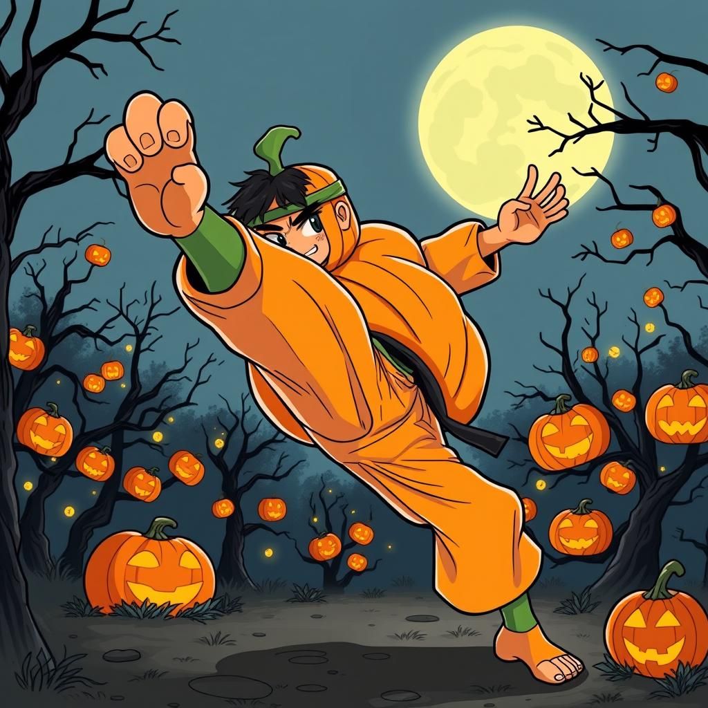 Cartoon Pumpkin Karate Kick Under Full Moon
