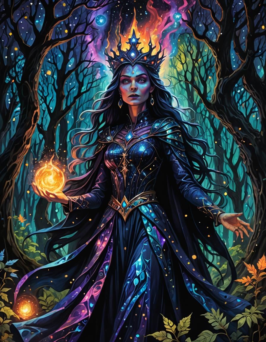 Evil Witch Princess Casting Spell in Astral Illustration