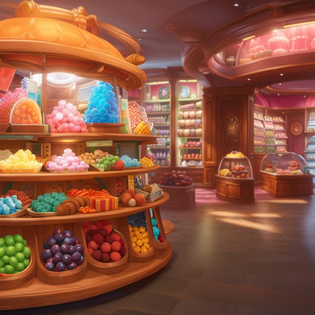 Colorful Fantasy Sweets Store Interior in Digital Art