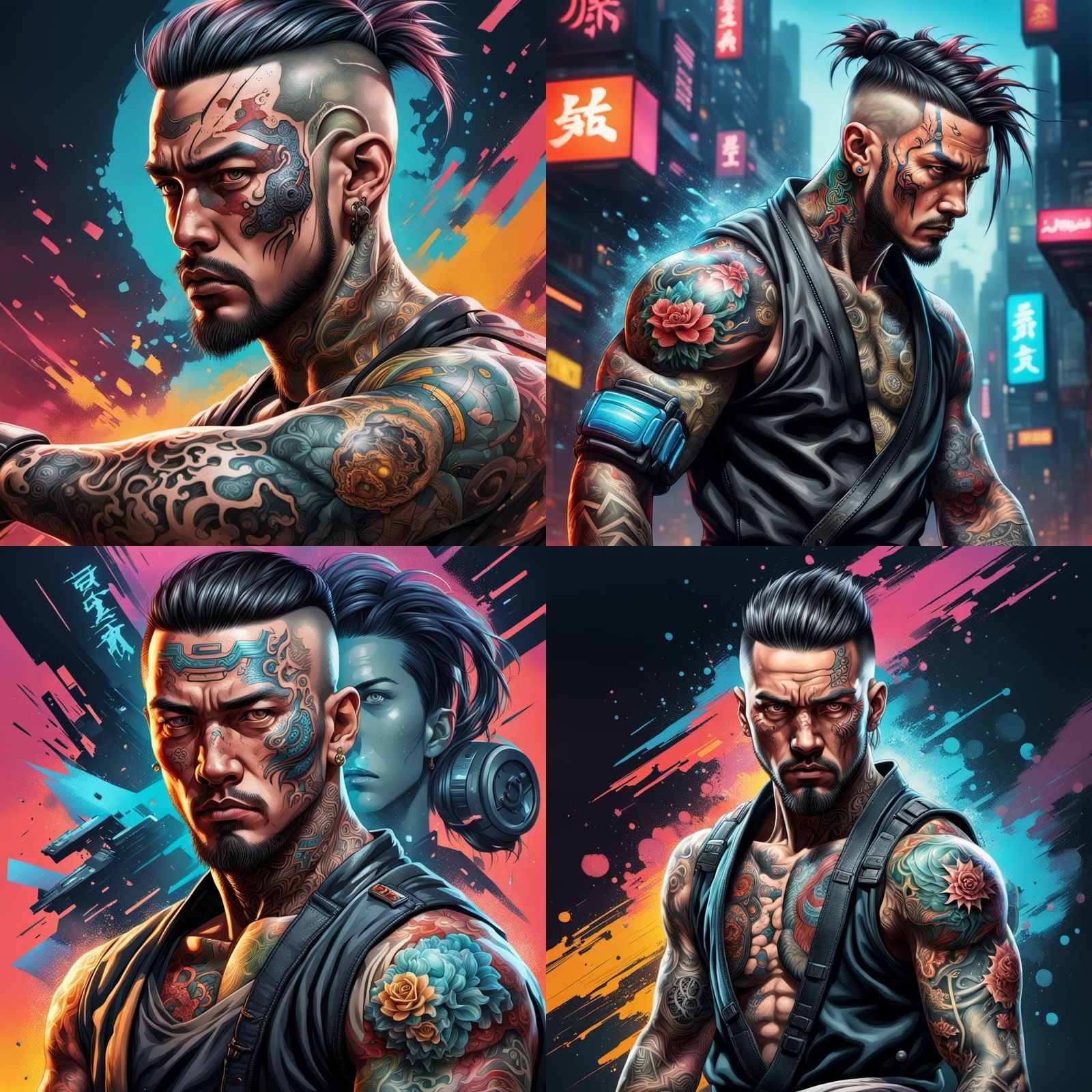 Cyberpunk Tattooed Martial Arts Fighter: Hyperrealistic Spla...