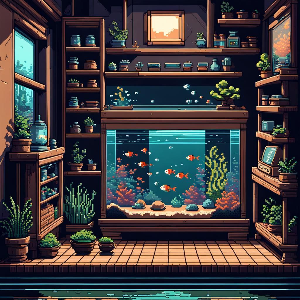 8-Bit Pixel Art Aquarium in Cozy Room