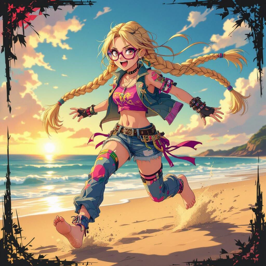 Punk Rocker Woman Runs on Beach in Anime Style