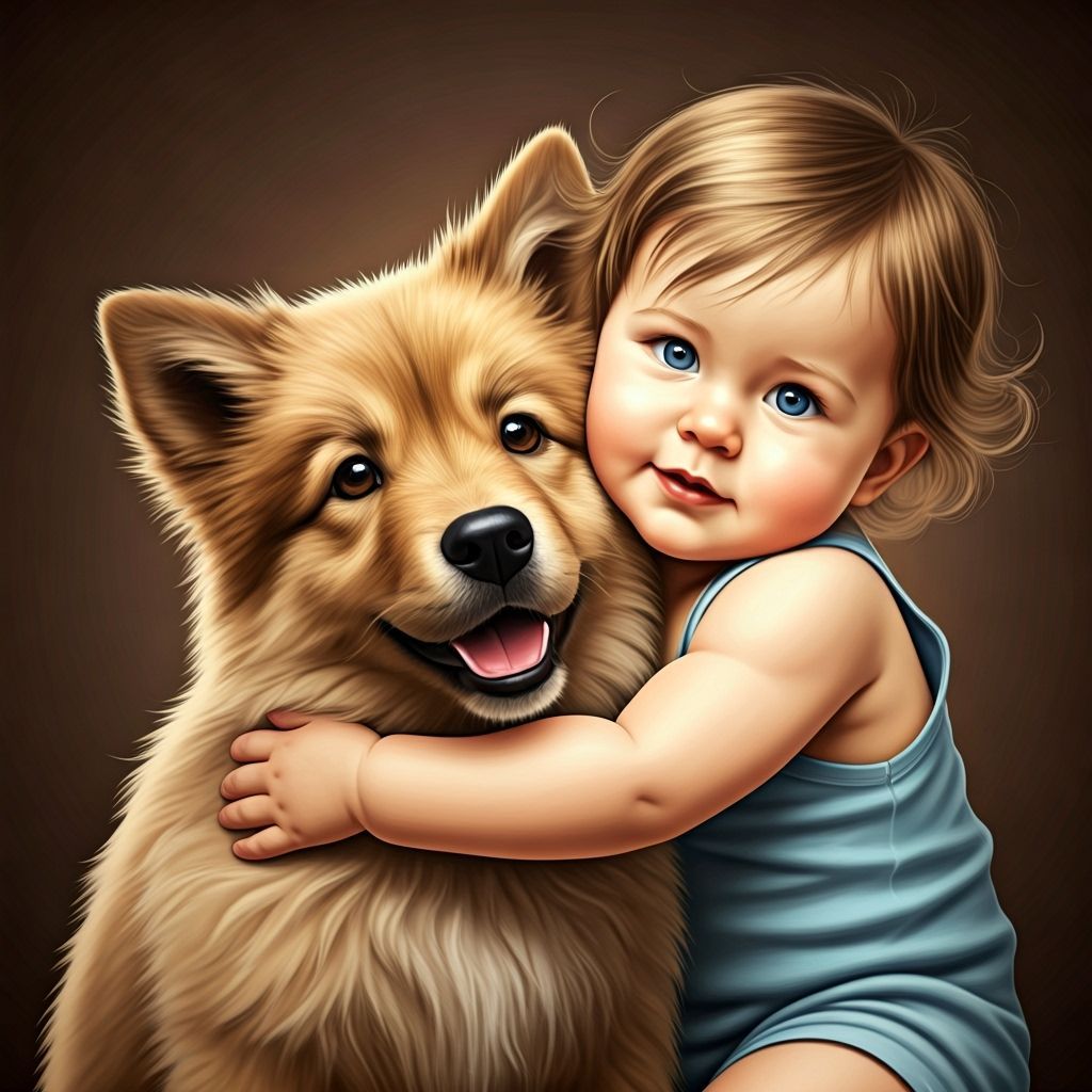 Babies Hugging a Furry Dog Together