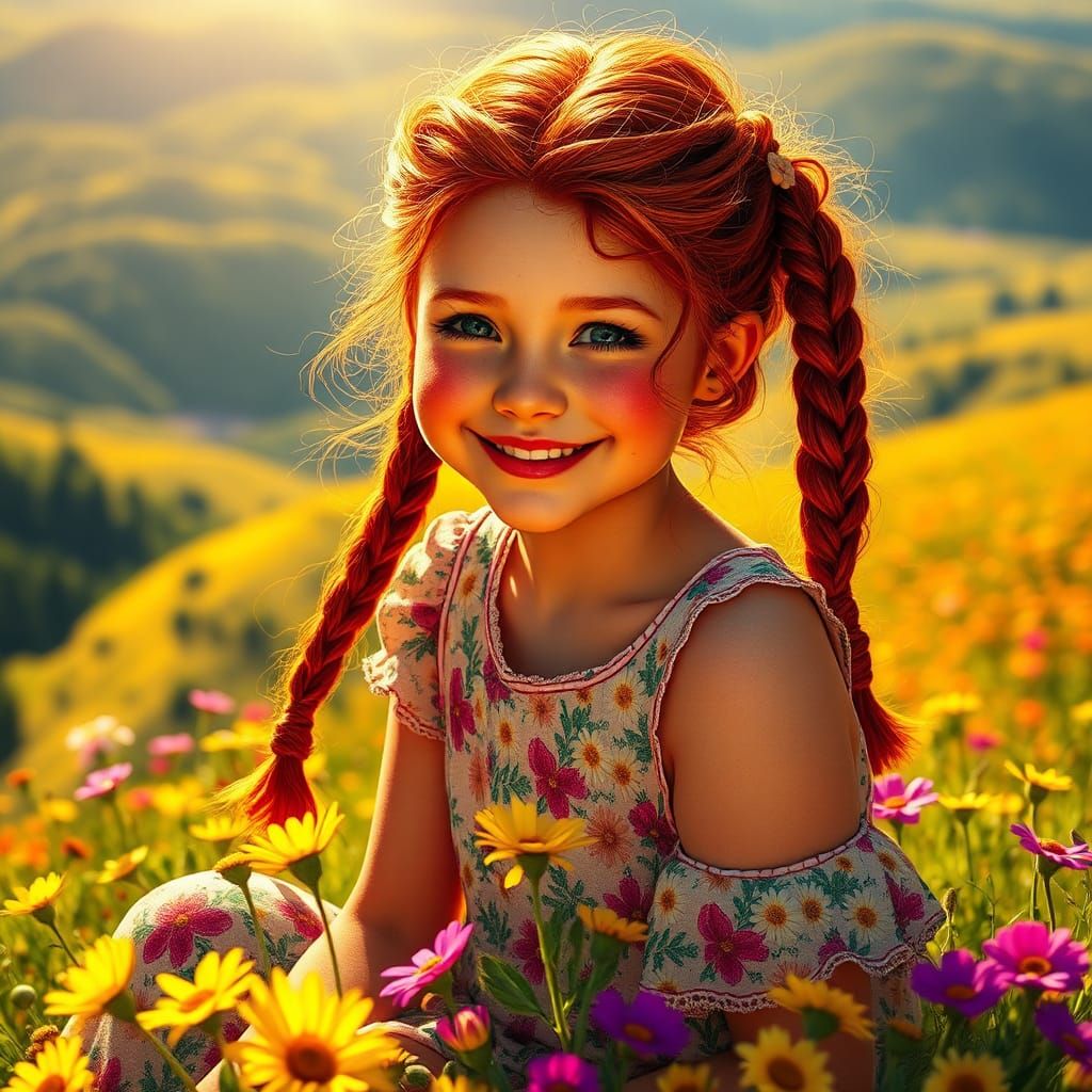 Red-Haired Girl on Hill in Art Nouveau Style